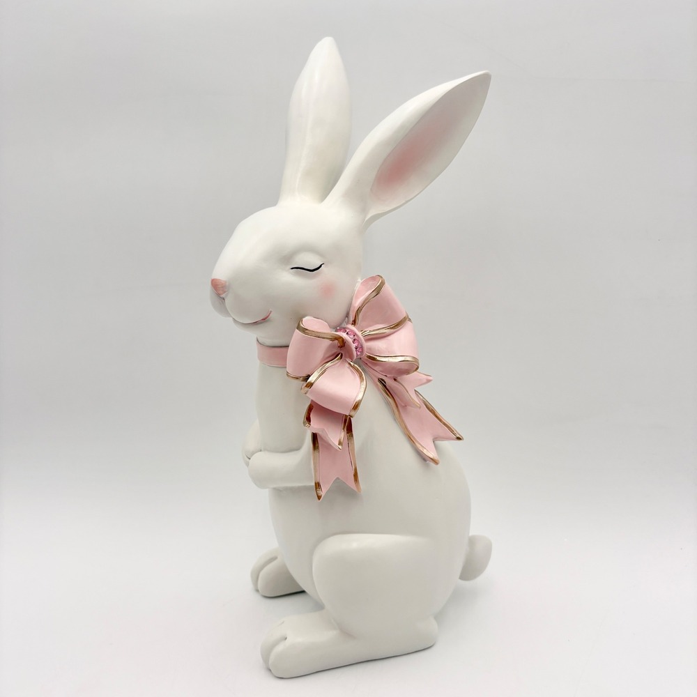 White Bunny Rabbit Figurine Pink Bow Easter Spring Decor Accent